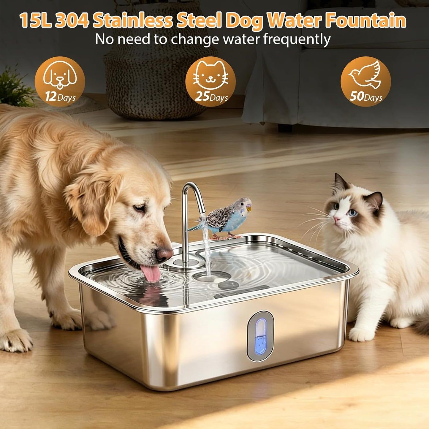 Sanxuo 15L pet fountain showing faucet-style water flow
