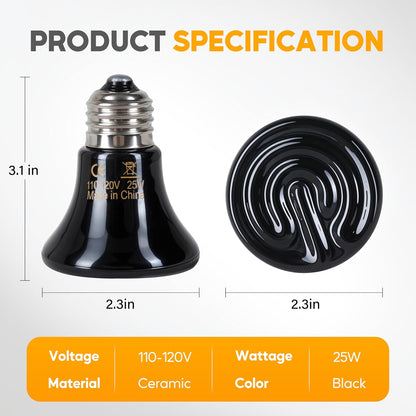 Black 25 watt ceramic heat emitter bulb showing standard screw base.