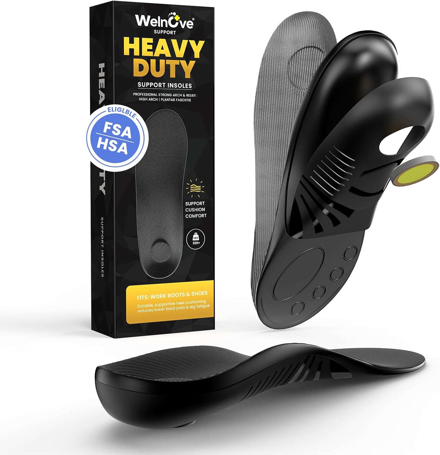 Welnove Plantar Fasciitis Insoles front view showing high arch support curve.
