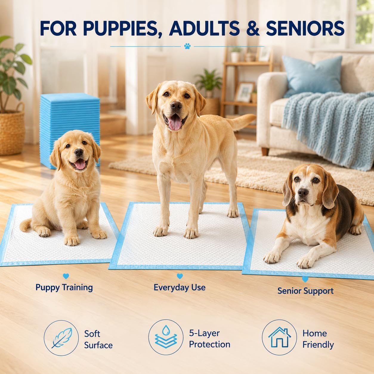 Jumbo size disposable puppy pad next to a golden retriever