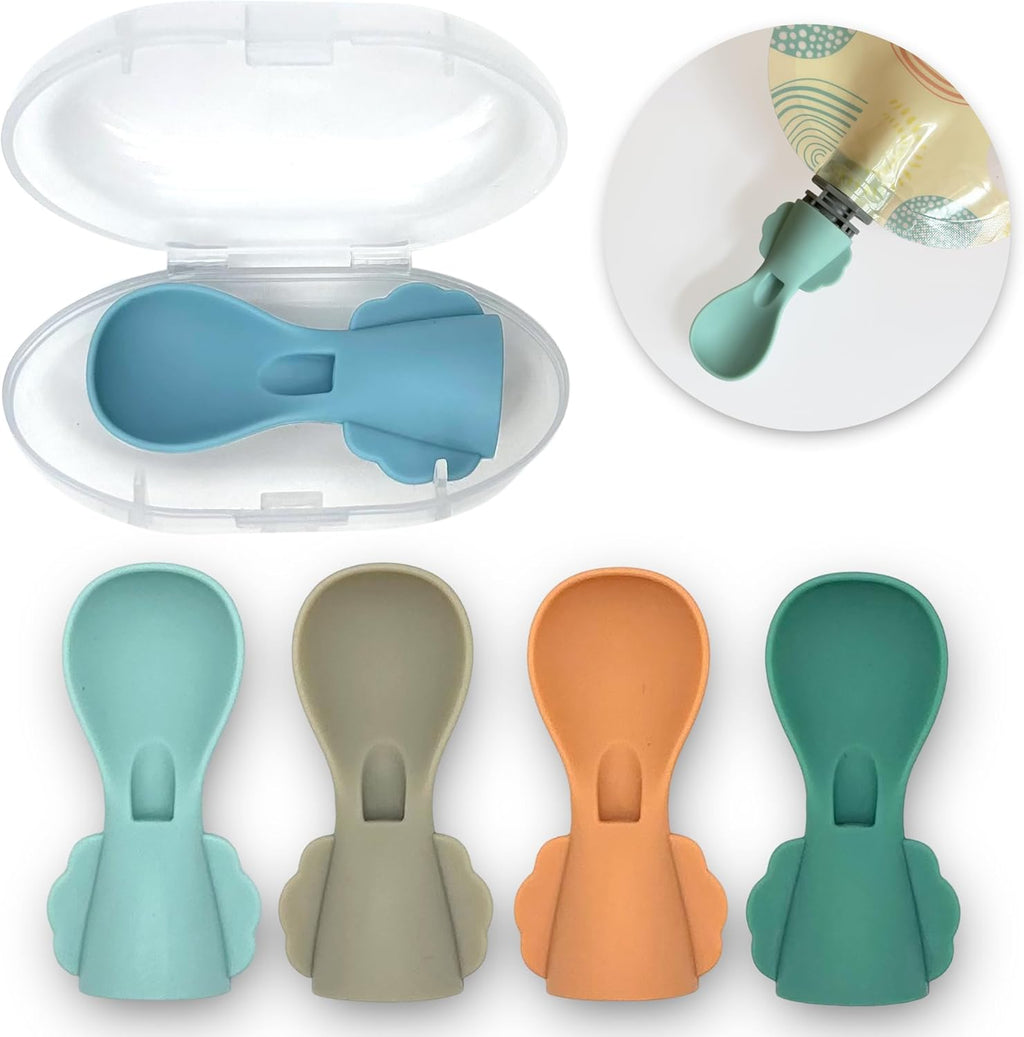 Little Whispers Baby Food Pouch Spoon Attachments front view showing five silicone spoons and travel case
