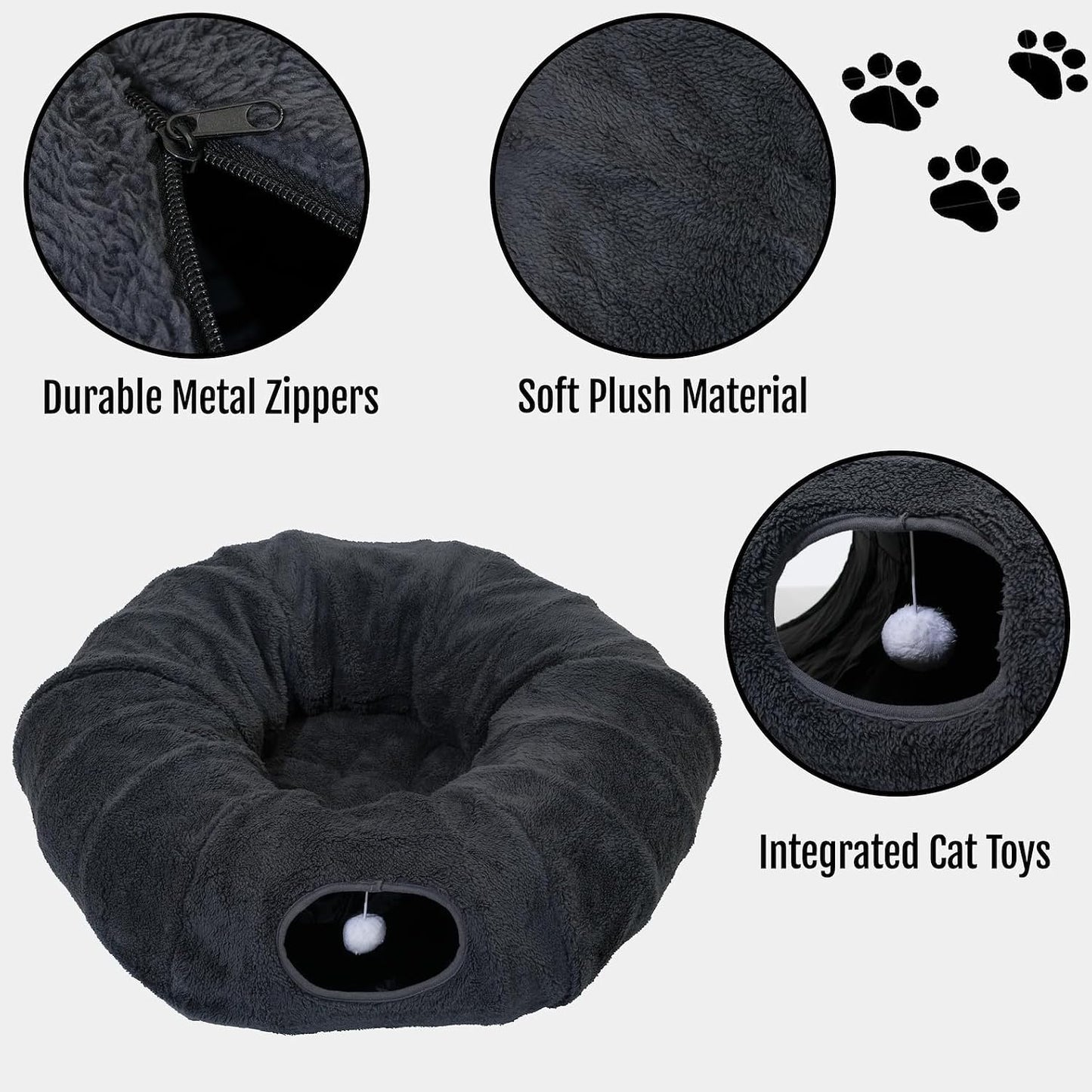 Multiple small pets including a rabbit and kitten exploring the spacious dark gray donut tunnel playground