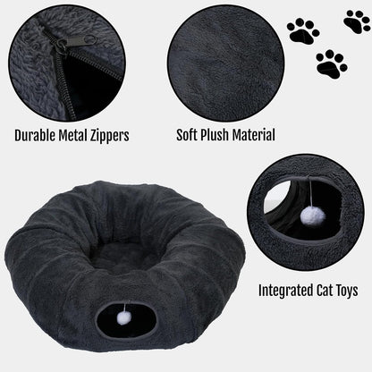 Multiple small pets including a rabbit and kitten exploring the spacious dark gray donut tunnel playground
