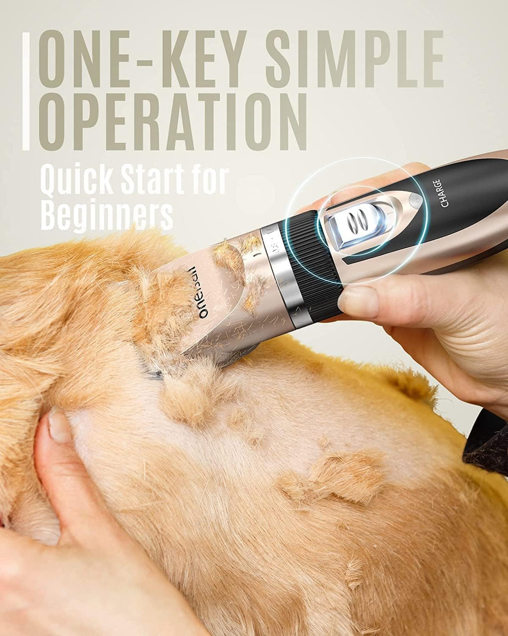 Rechargeable pet hair clipper by Oneisall indicating the ergonomic power switch and battery body.