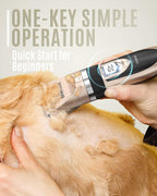Rechargeable pet hair clipper by Oneisall indicating the ergonomic power switch and battery body.