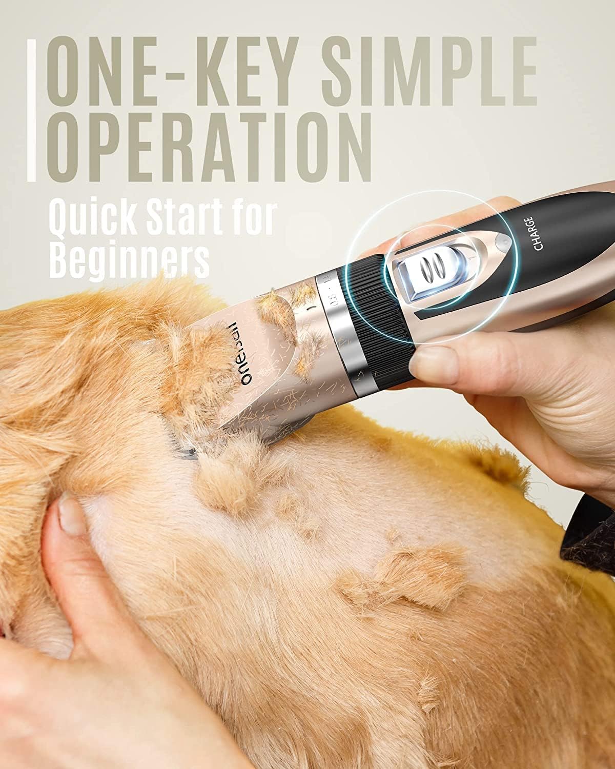 Rechargeable pet hair clipper by Oneisall indicating the ergonomic power switch and battery body.