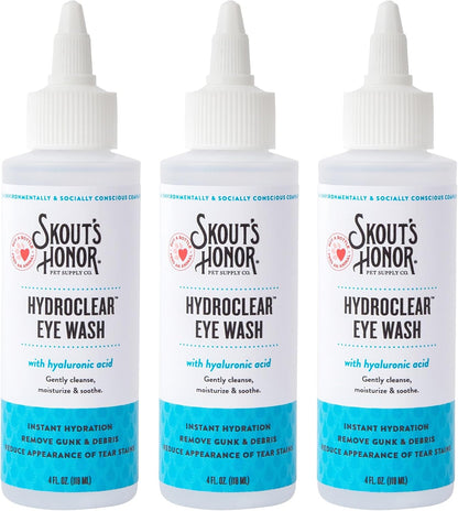 Premium daily eye cleanser for removing allergens and gunk from pet eyes
