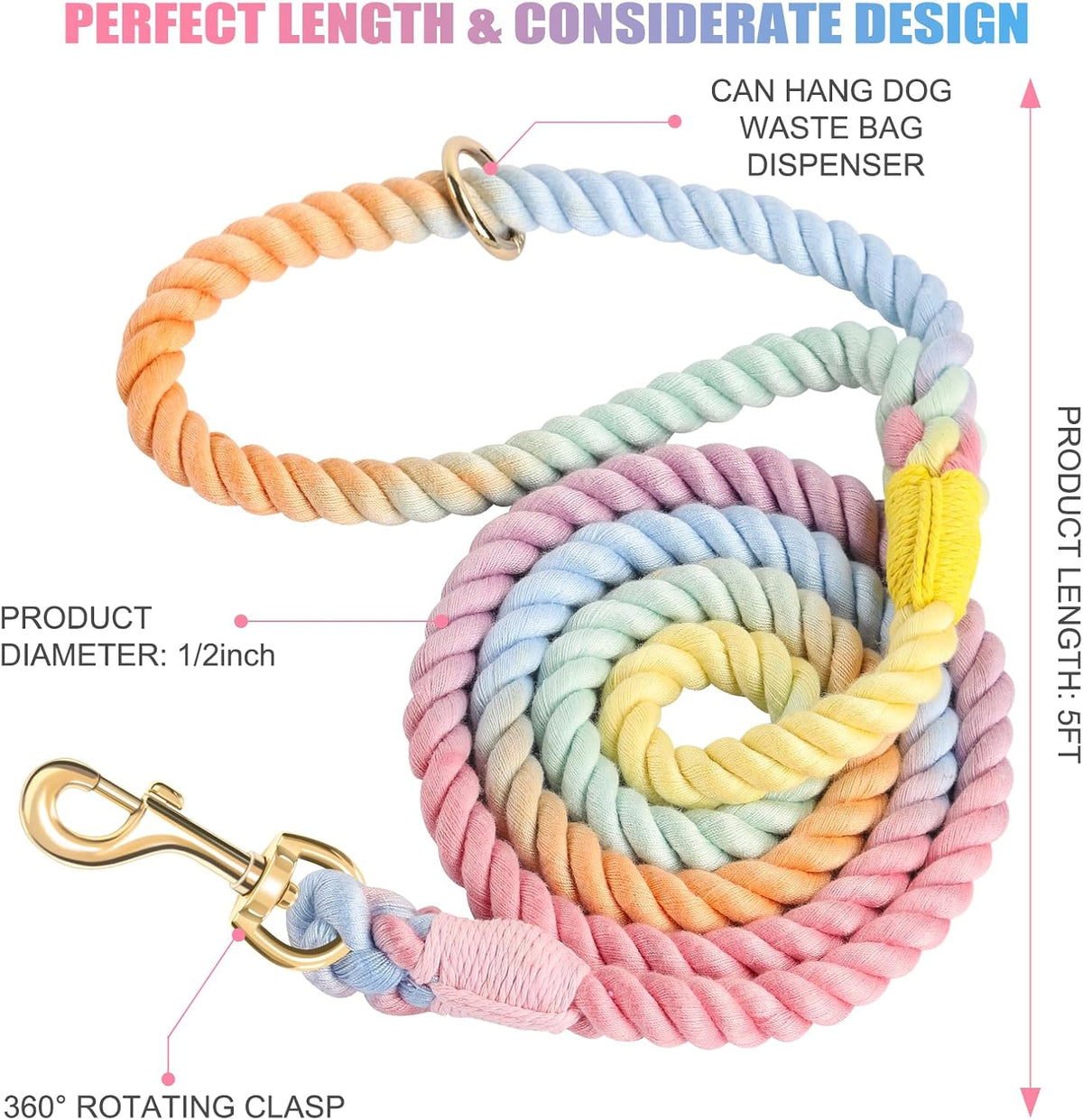 Handcrafted colorful rope leash for medium and large dogs with gold hardware clasp.