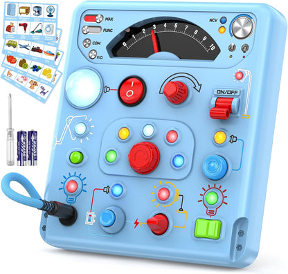 Tozuoup Montessori busy board front view showing light blue plastic shell and thirteen LED lights.