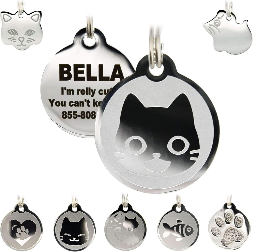 Stainless steel kitty face cat tag displayed flat