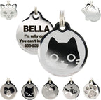 Stainless steel kitty face cat tag displayed flat