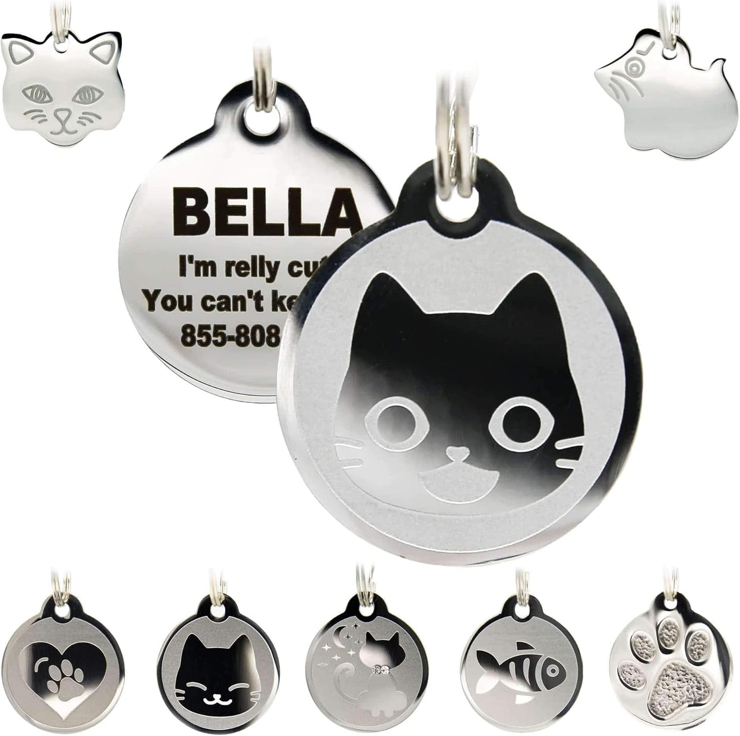 Durable polished metal personalized cat tag showcasing four lines of text