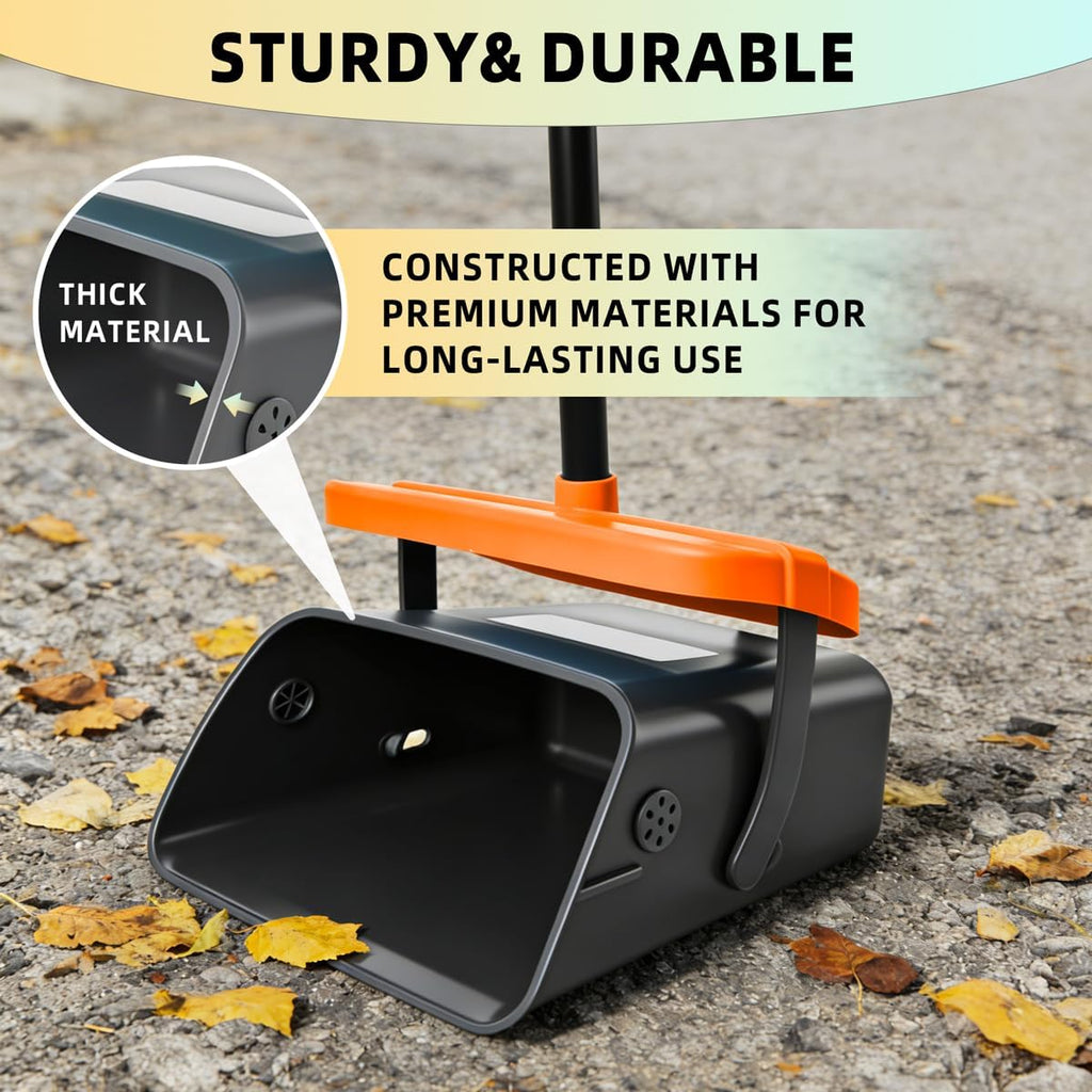 Glowspire heavy duty yard rake sweeping leaves and debris into the swivel bin.