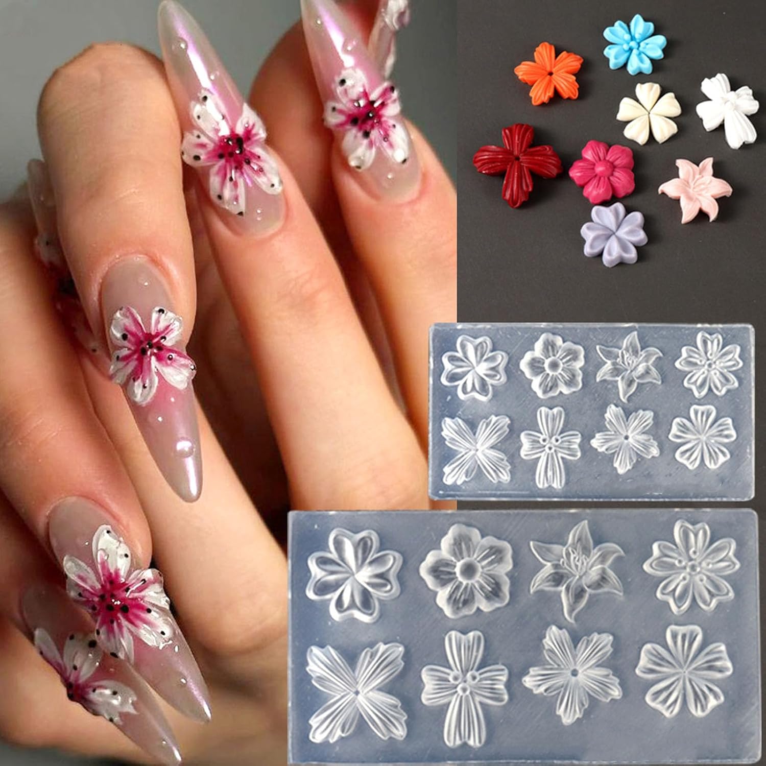 Jaliya 3D flower silicone nail molds front view showing intricate spring petal templates for acrylic gel extensions