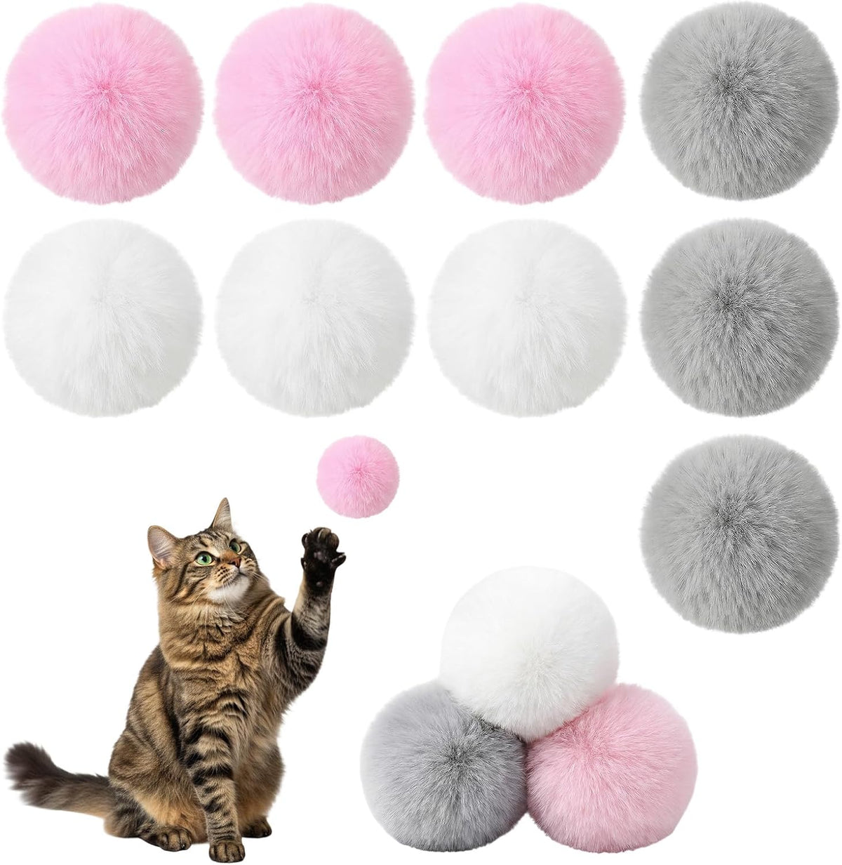 Abeillo 9 Pieces Furry Cat Toys front view showing pink, grey, and white plush balls for indoor cats.