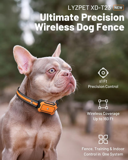 LYZPET wireless dog training collar featuring reflective safety strips and IPX7 waterproof construction on a flat surface.