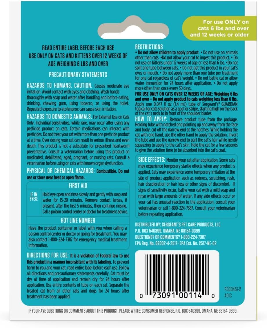 Back label details of Sergeant's Guardian topical treatment for cats over six pounds