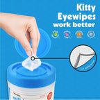Five by five inch Petkin kitty eye wipes being pulled from the blue lid canister