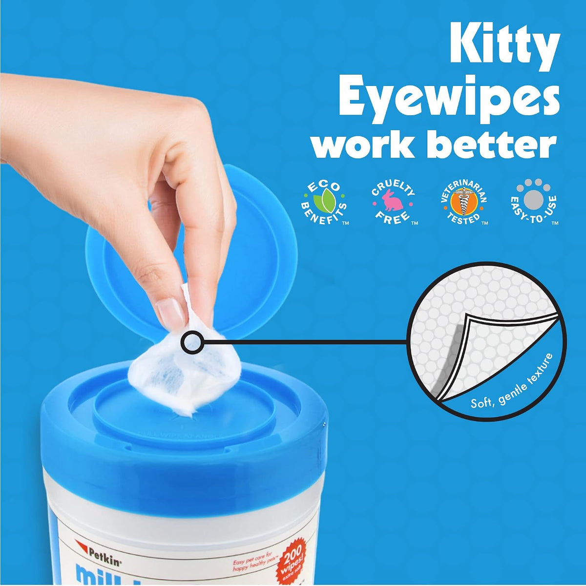 Five by five inch Petkin kitty eye wipes being pulled from the blue lid canister