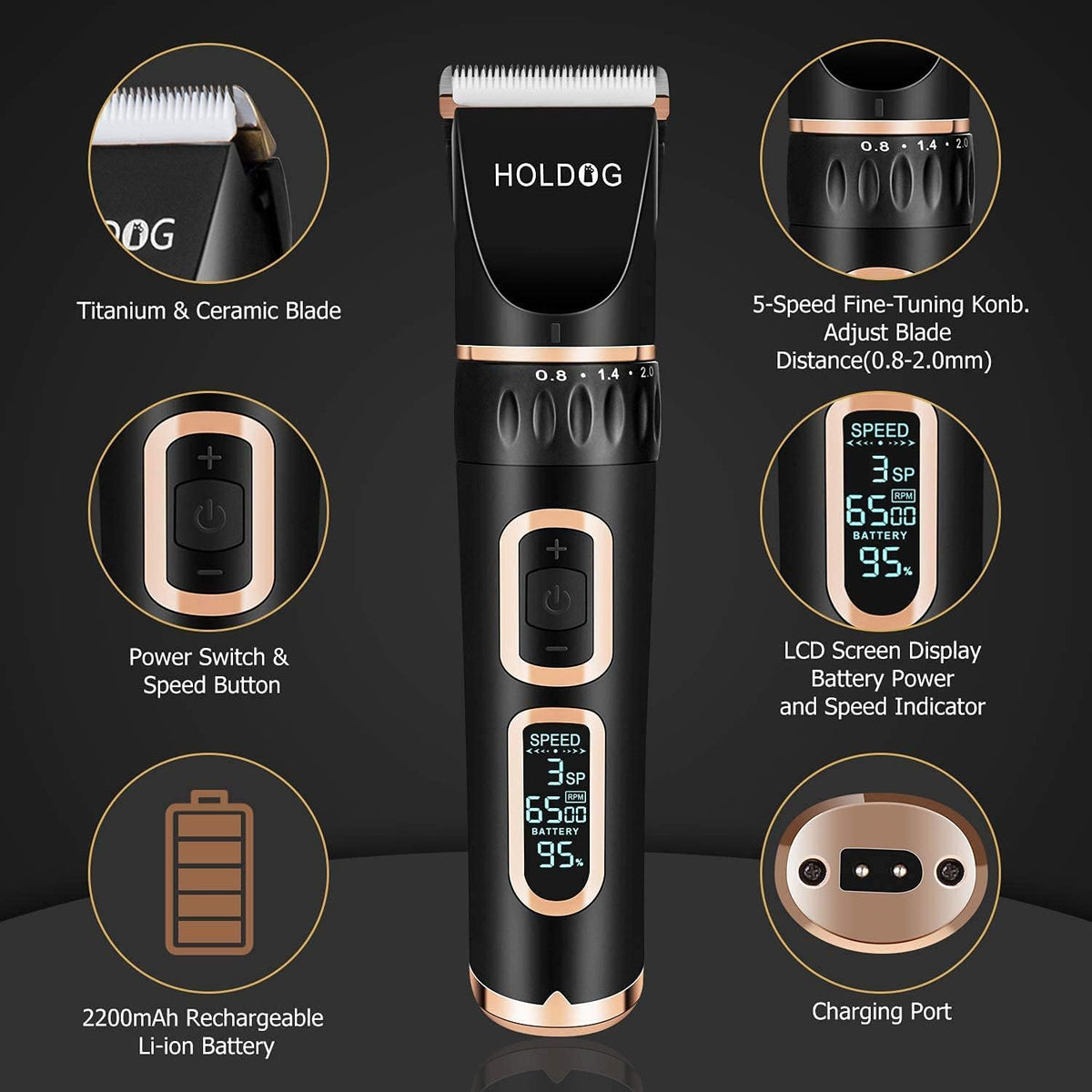 HOLDOG three speed low noise pet hair clippers close up of titanium ceramic blade