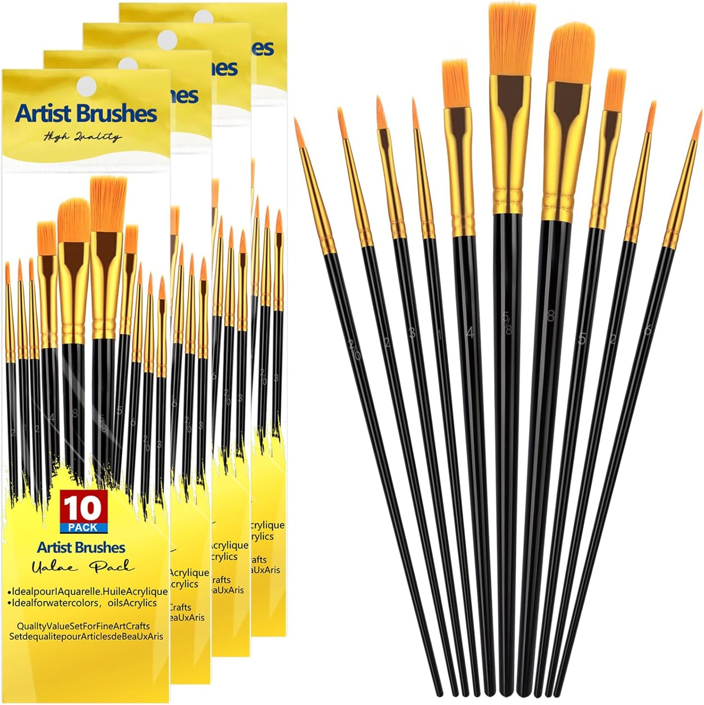 DOMMARE 40 Piece Black Mixed Paint Brush Set front view showcasing the complete collection of synthetic nylon artist brushes.