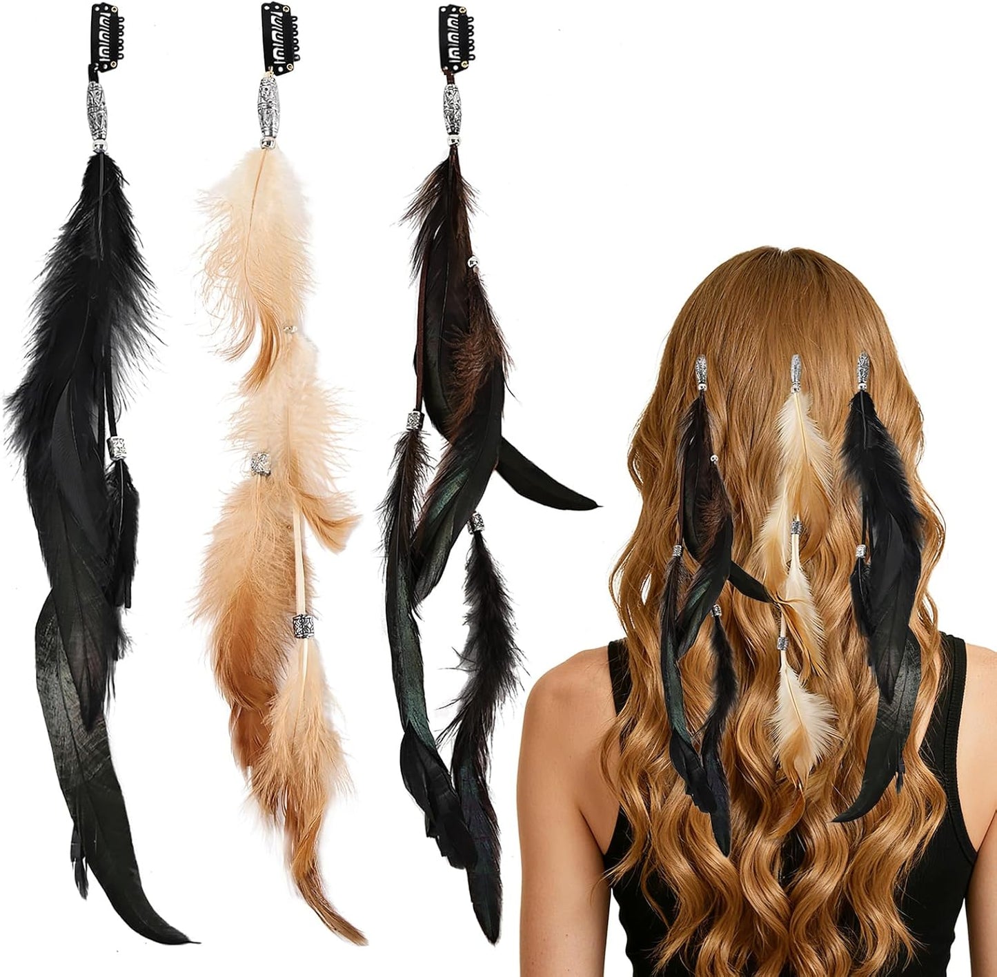 Geyoga boho feather hair extensions set front view