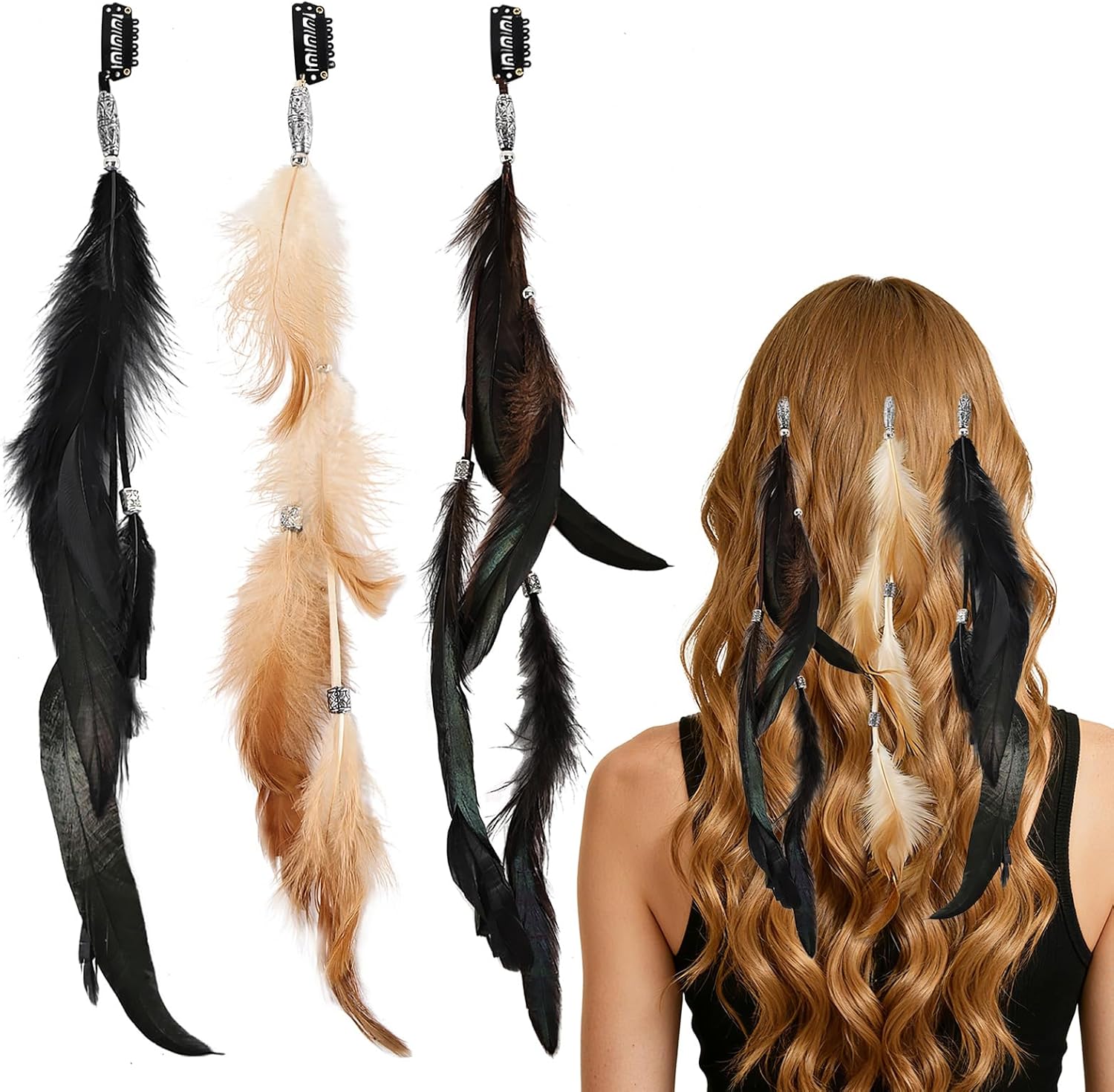Geyoga boho feather hair extensions set front view