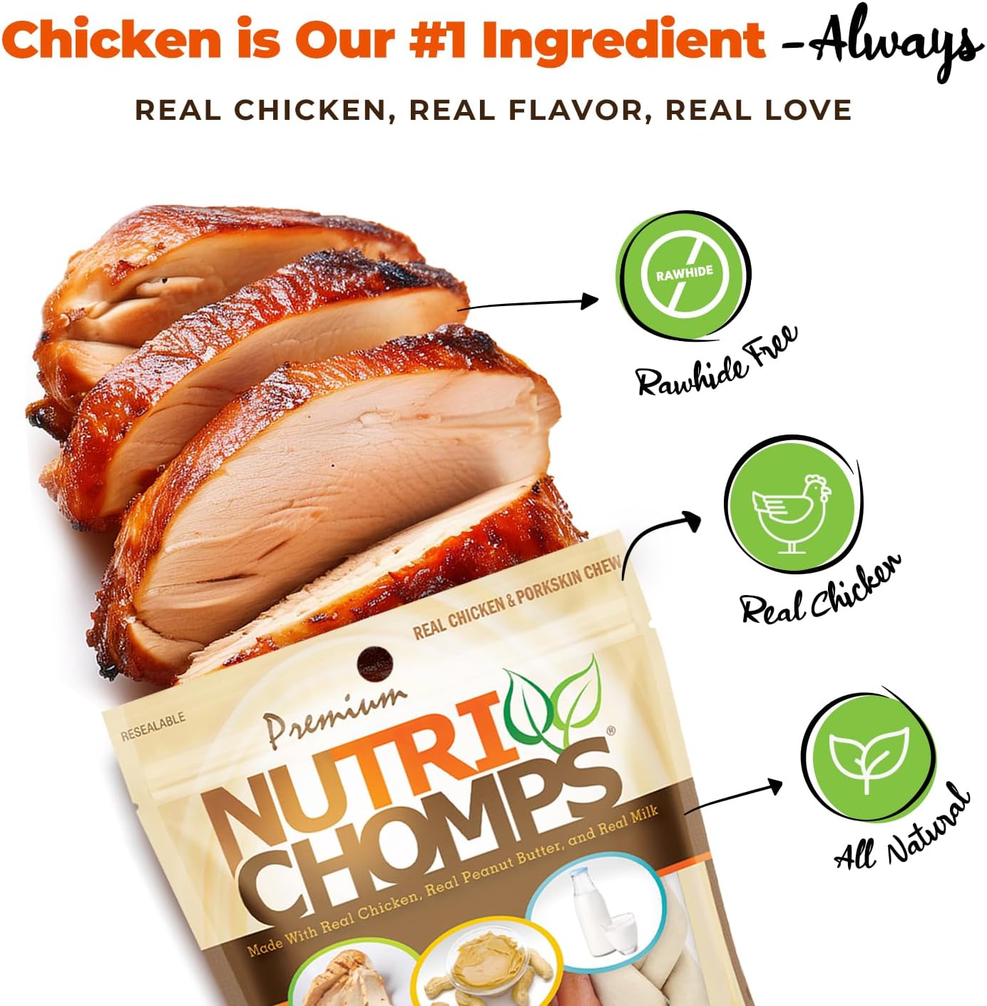 NutriChomps braided dog treats with real chicken and peanut butter close up view