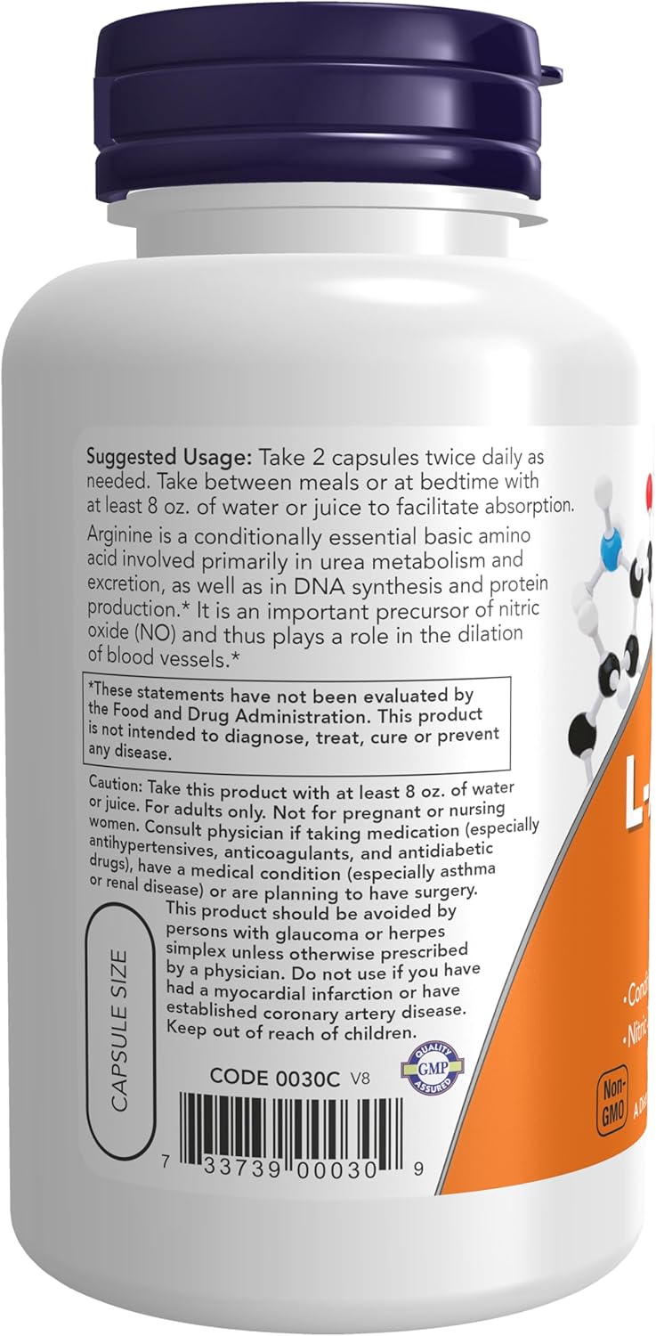NOW Foods Supplements, L-Arginine 500 mg, Nitric Oxide Precursor*, Amino Acid, 100 Veg Capsules - Image 3