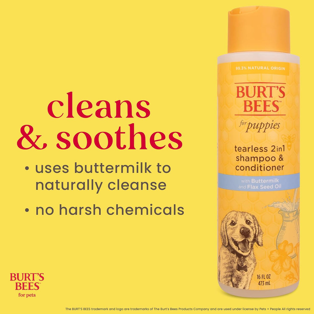 Back of Burt's Bees for Pets puppy shampoo bottle with directions