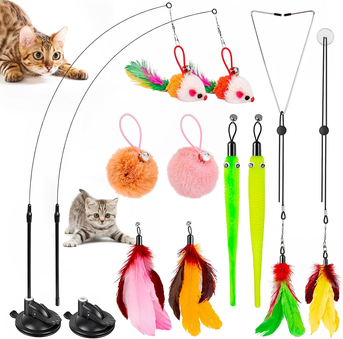 HOSFROLL interactive cat toy front view showing suction cup base and feather attachment