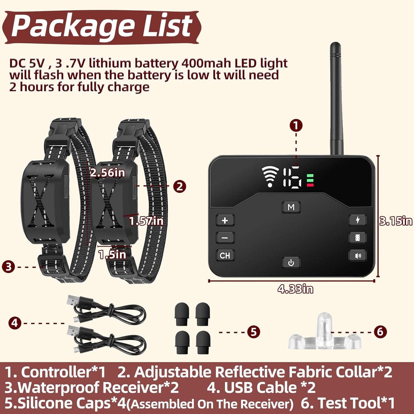 Complete contents of the imported pet containment kit including transmitter, two collars, charger, and testing tool