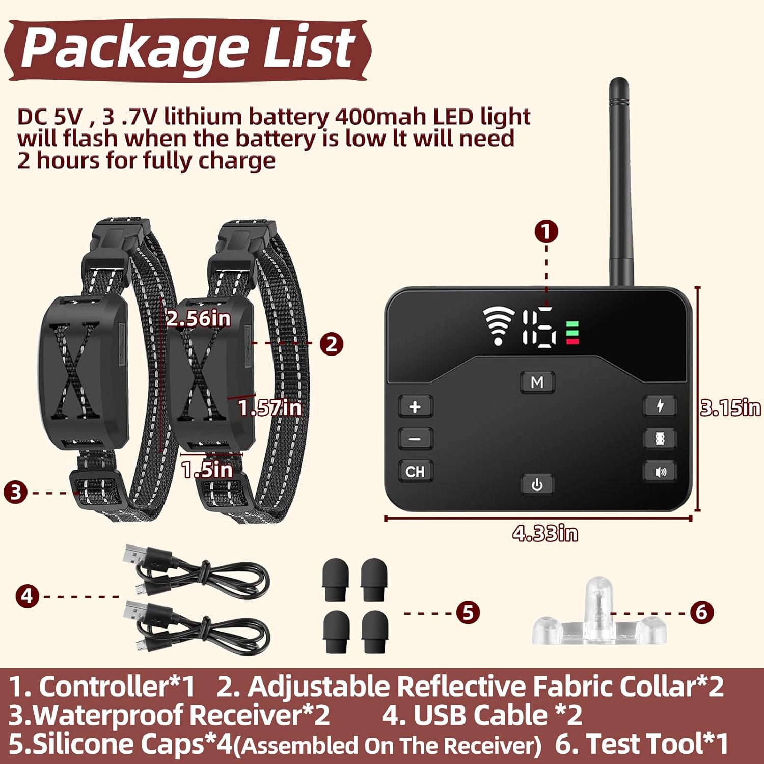 Complete contents of the imported pet containment kit including transmitter, two collars, charger, and testing tool