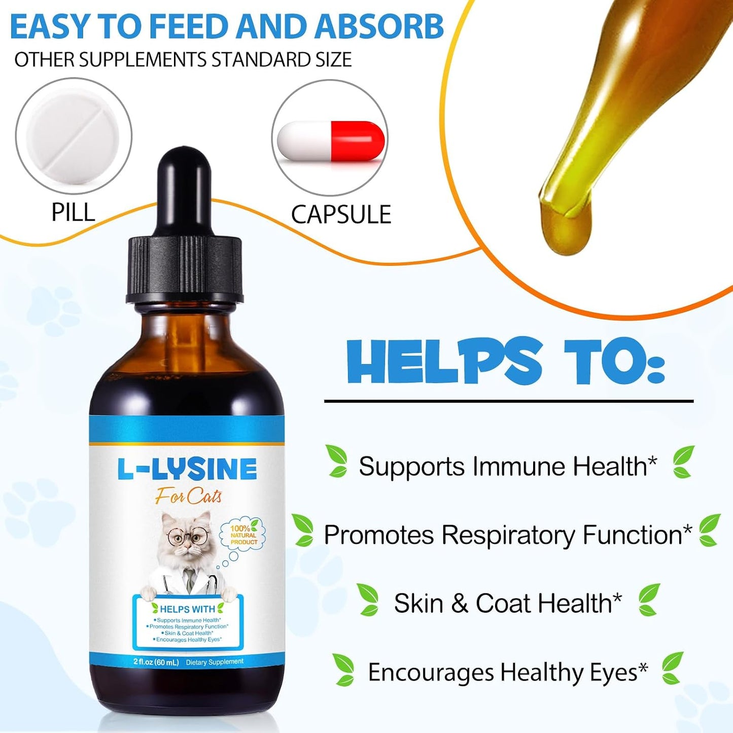 Sixty milliliter bottle of Onznoz chicken flavored liquid lysine for daily feline wellness and eye care.
