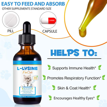 Sixty milliliter bottle of Onznoz chicken flavored liquid lysine for daily feline wellness and eye care.