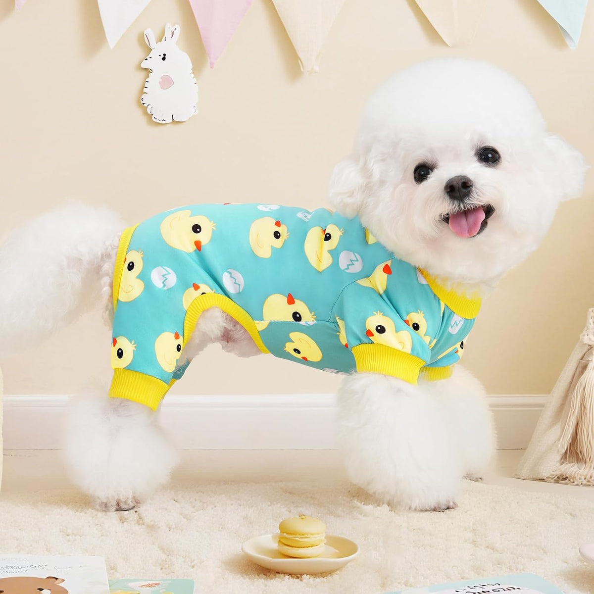 XPUDAC small dog onesie back layout detailing the premium cartoon duck and egg patterns.