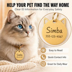 Custom premium laser engraved pet name tag showcasing emergency contact number text layout.