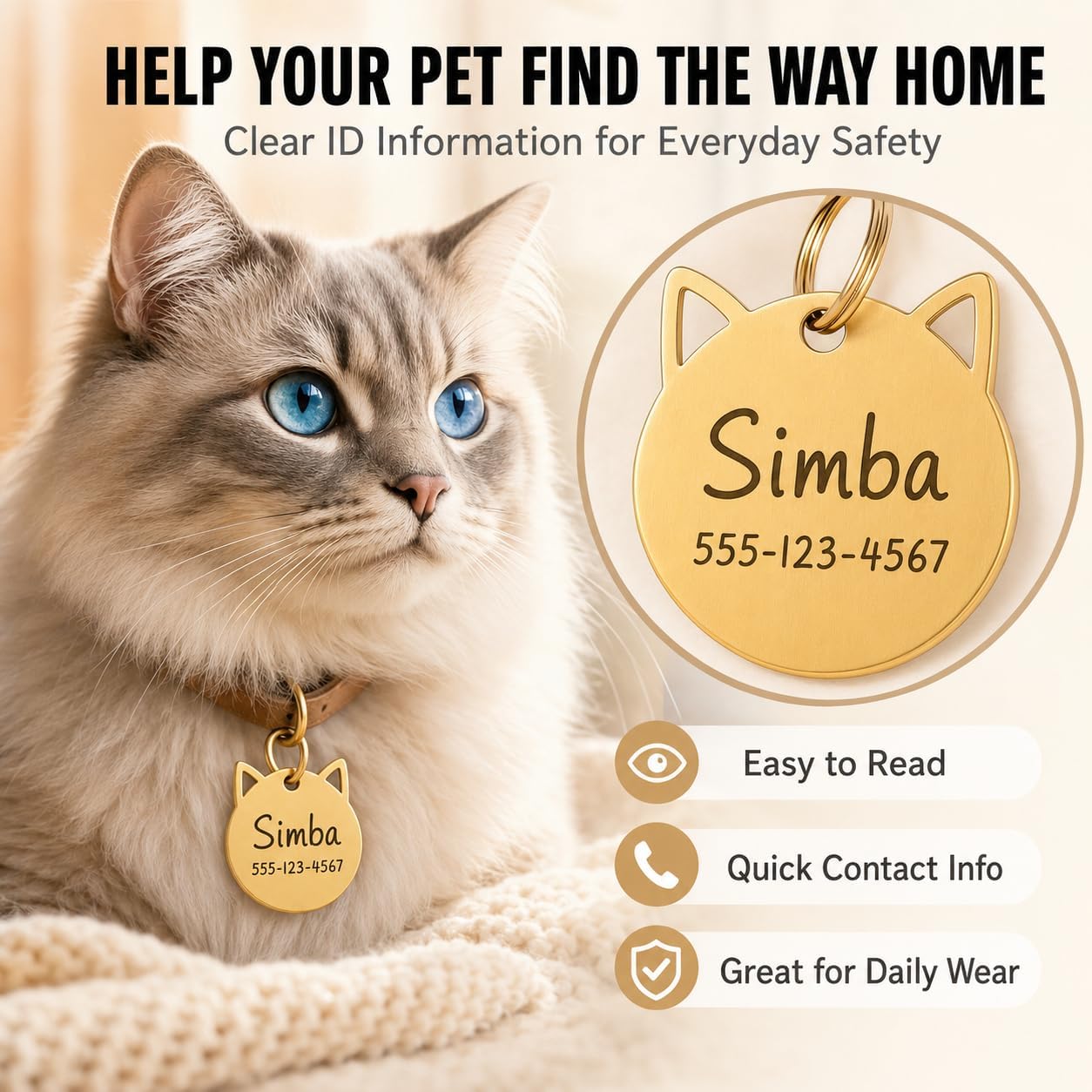 Custom premium laser engraved pet name tag showcasing emergency contact number text layout.