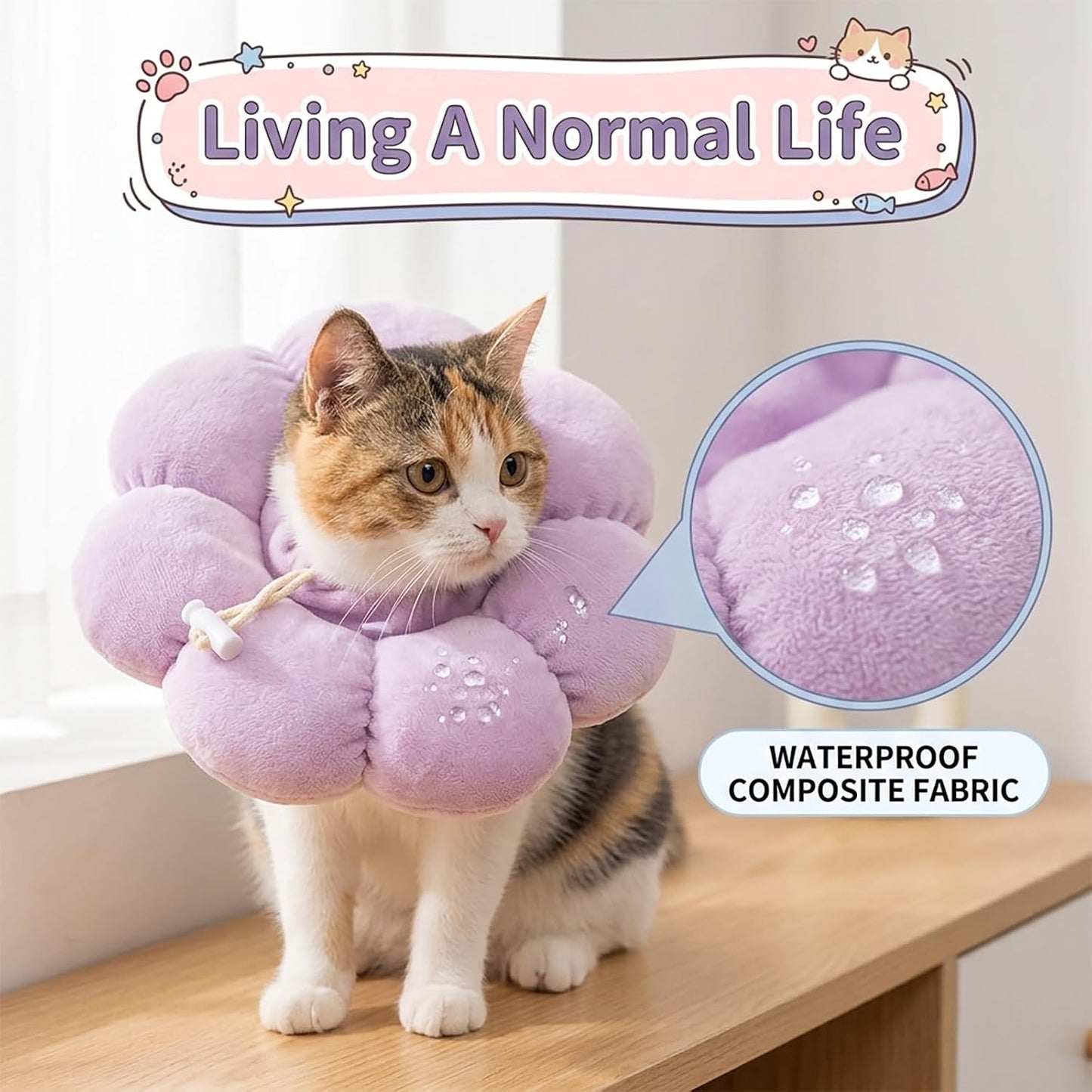 Back view of the adjustable e-collar showing secure stitching and round petals