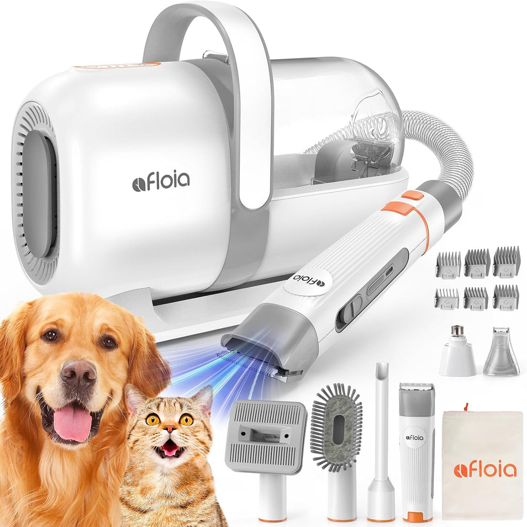 Afloia 6-in-1 dog grooming kit front view with white vacuum unit and accessories