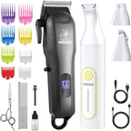 Gooad all in one pet trimmer kit arranged flat illustrating the small and medium detail grooming blades for ears, eyes, and sensitive areas.