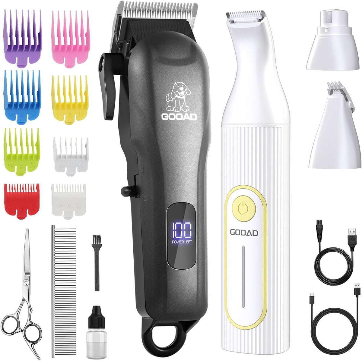 Gooad all in one pet trimmer kit arranged flat illustrating the small and medium detail grooming blades for ears, eyes, and sensitive areas.