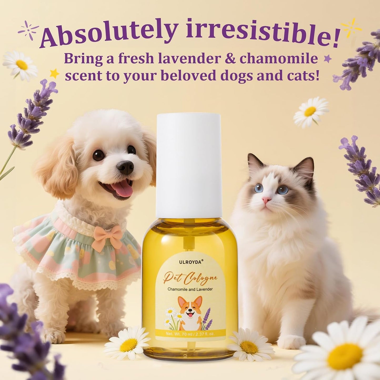 Premium imported lavender and chamomile anxiety relief spray for anxious pets.