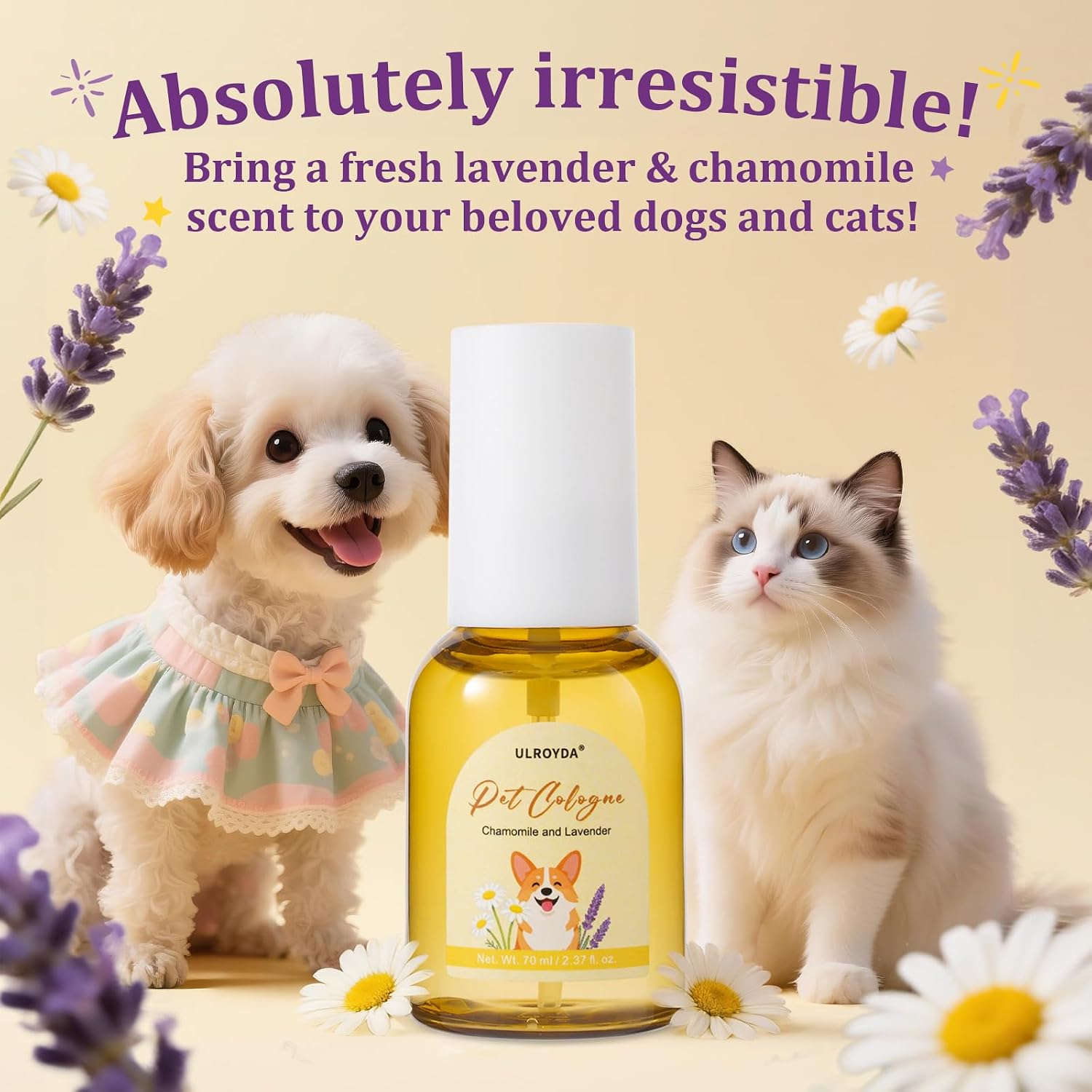Premium imported lavender and chamomile anxiety relief spray for anxious pets.