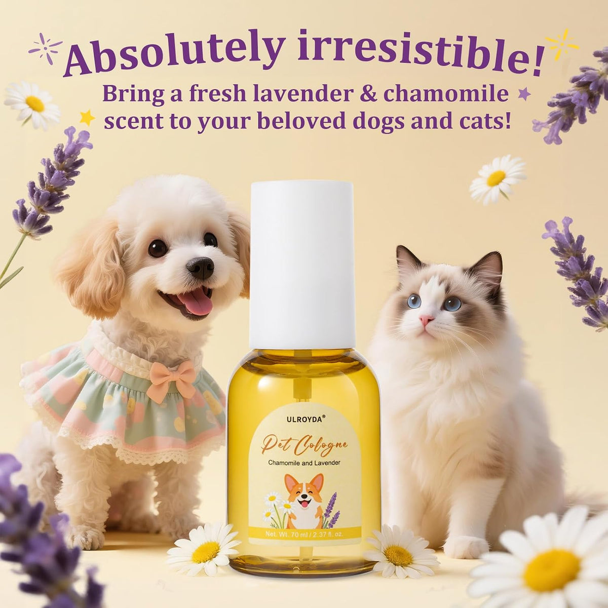 Premium imported lavender and chamomile anxiety relief spray for anxious pets.