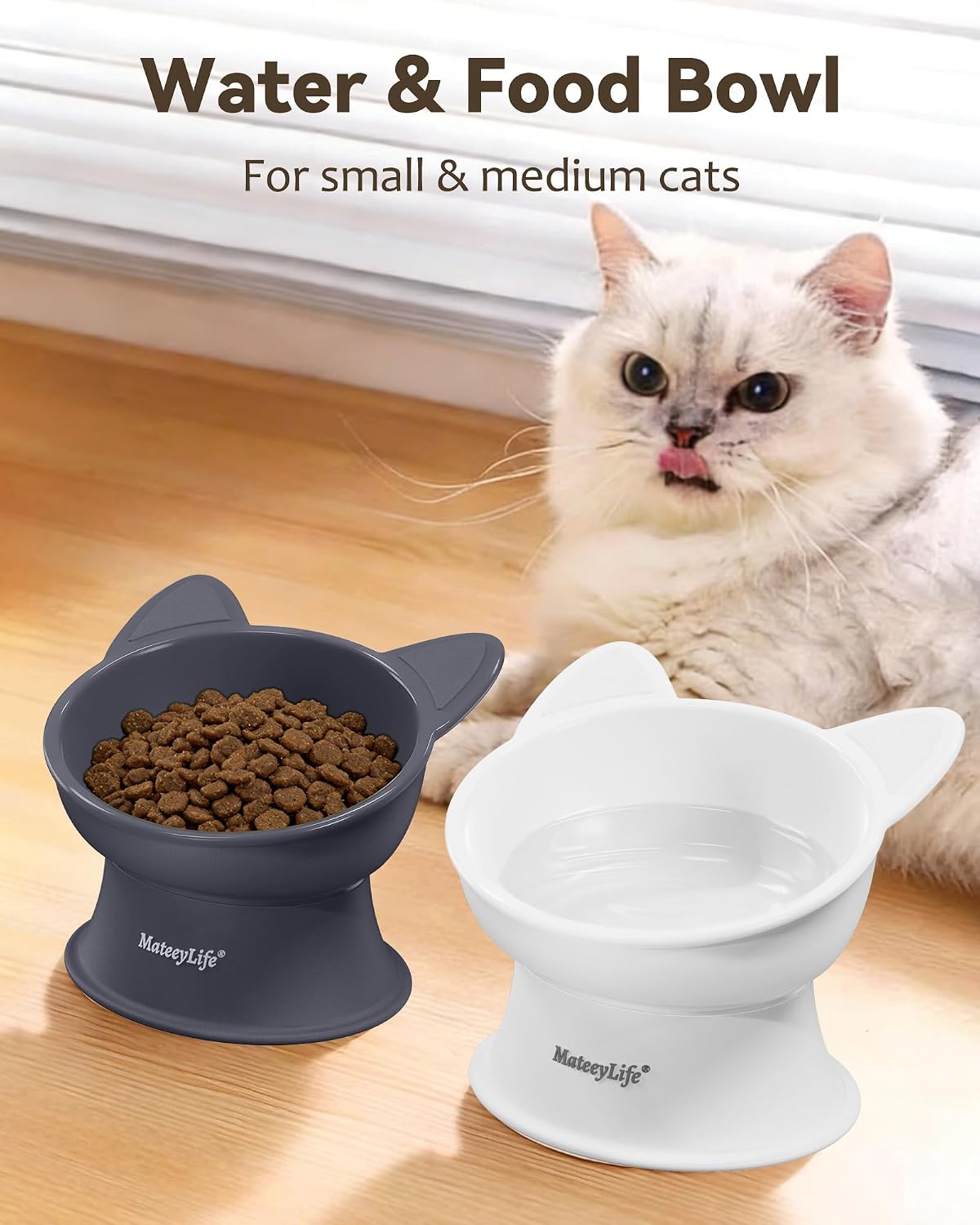 MateeyLife cat water bowl demonstrating whisker friendly wide opening
