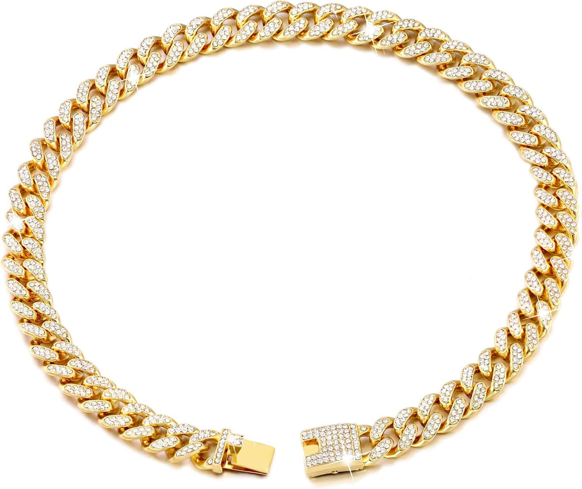 Flatfoosie 13mm chunky gold dog collar showing secure one button push buckle