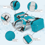 Side view of blue tactical pet saddle bag with zippered pockets showing storage capacity