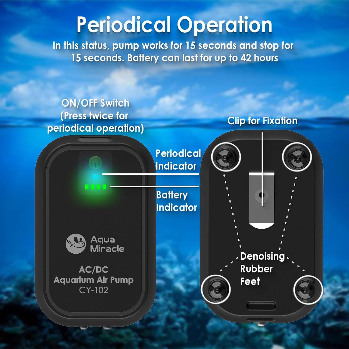 Compact design of AquaMiracle battery powered aerator for bait buckets