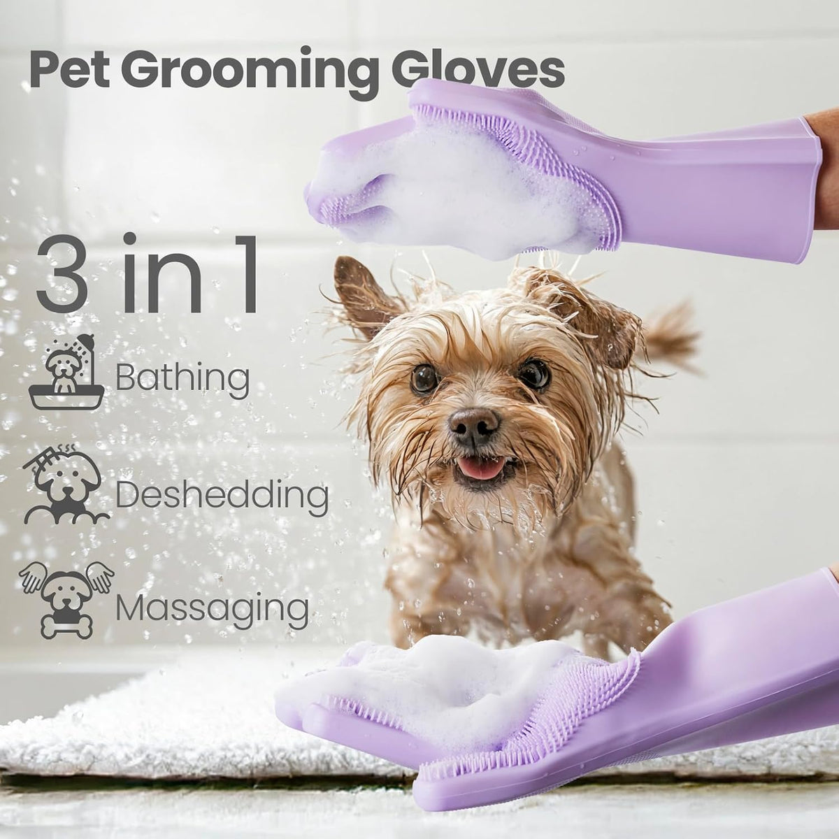 DELOMO Pet Grooming Gloves 1 Pair: Soft and Gentle Silicone Dog Washing Gloves - Bathing Scrubber Brush Mitt Grooming Shedding Fur Removal Massage for Dogs/Cats/Horse, Purple - Image 2
